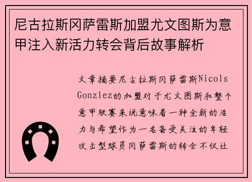尼古拉斯冈萨雷斯加盟尤文图斯为意甲注入新活力转会背后故事解析
