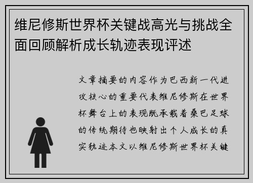 维尼修斯世界杯关键战高光与挑战全面回顾解析成长轨迹表现评述